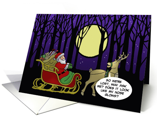 Christmas Card With Lost Santa In A Dark Woods With Reindeer card