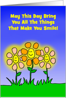 Thinking Of You Card With Smiling And Glowing Cartoon Flowers card