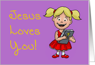 Hi Hello Card With Little Girl Holding A Bible With Jesus Loves You! card