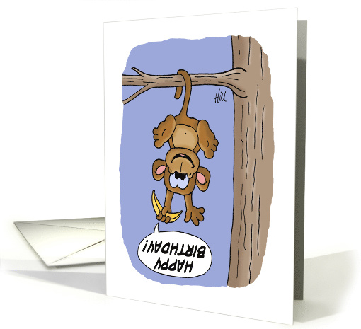 Cute Birthday Card With Cartoon Monkey Hanging Upside Down card