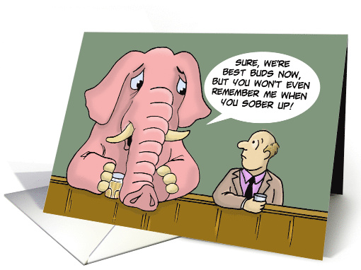 Funny Blank Note Card With Pink Elephant In A Bar card (1553612)