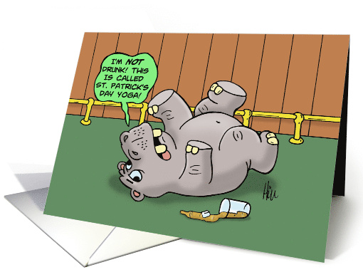 Funny St. Patrick's Day Card With Drunk Cartoon Hippo On Floor card