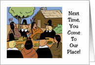 Thanksgiving Card With Pilgrims And NAtive Americans At Dinner card