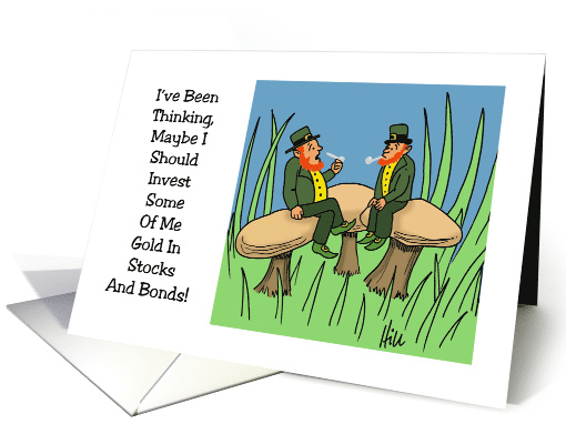 Humorous Blank Note Card With Leprechaun Investing His Gold card