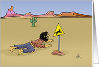 Blank Note Card With Cliche Man Crawling In Desert With Crossing Sign card