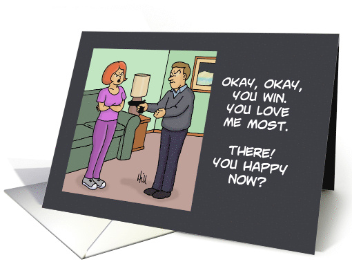 Blank Note Card With Couple Fighting About Who Loves Who More card