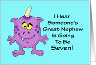 7th Birthday Card for a Great Nephew With A Cartoon Alien, Monster card