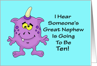 10th Birthday Card for a Great Nephew With A Cartoon Alien, Monster card