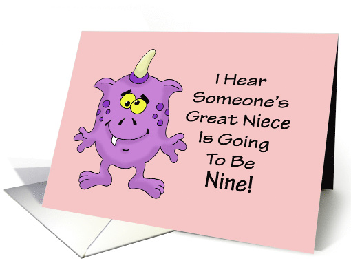 9th Birthday Card for a Great Niece With A Cartoon Alien, Monster card