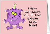 9th Birthday Card for a Great Niece With A Cartoon Alien, Monster card