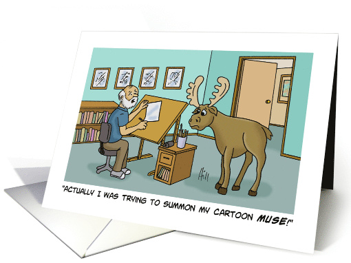 Funny Blank Note Card With Cartoonist Trying To Summon My Muse card