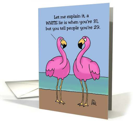 Birthday Card With Two Cartoon Flamingos White Lie Bold Lie card