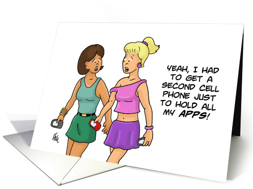 Blank Note Card With Cartoon Of Young Woman With Two Phones card