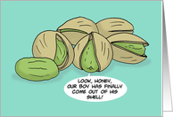 National Pistachio Day Card With Cartoon Pistachios Come Out Of Shell card