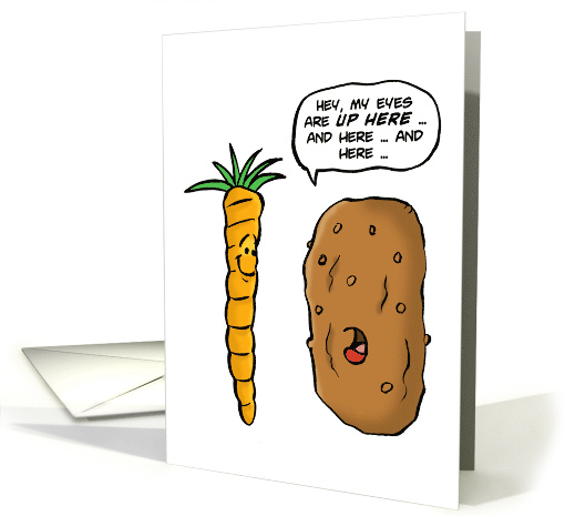 Humorous Blank Note Card With Potato Telling Carrot Eyes Up Here card