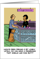 National Dog Day Card With Cartoon Of Owner Buying Fragrance card