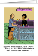 Love Your Pet Day Card With Cartoon Of Owner Buying Fragrance card