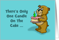Humorous Birthday Card With Cartoon Bear Holding Cake 1 Candle card