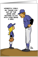 Humorous Card With Female Little Leaguer Being Relieved card