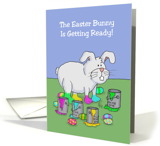 Easter Card With Bunny With Dyed Paws And Buckets Of Dye card