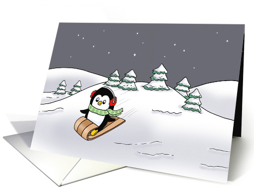 Cute Christmas Card With Cartoon Penguin On A Sled card (1575378)