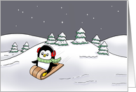 Cute Christmas Card With Cartoon Penguin On A Sled card