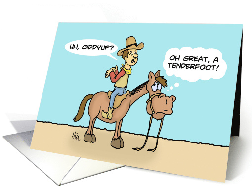 Cute Day Of The Cowboy With Cartoon Cowboy On Horse Backwards card