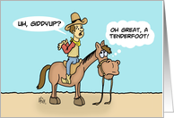 Blank Note Card With Cartoon Cowboy Sitting On Horse Backwards card