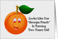 Second Birthday Card With A Cartoon Peach Our Georgia Peach Is 2 card