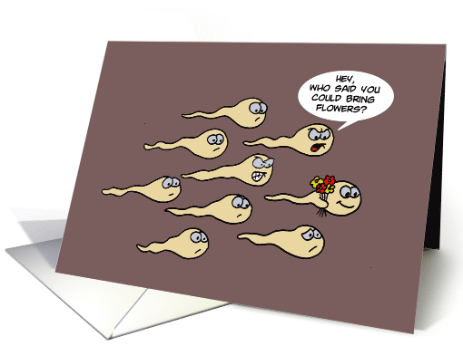 Humorous Blank Note Card With Swimming Sperm Bring Flowers card