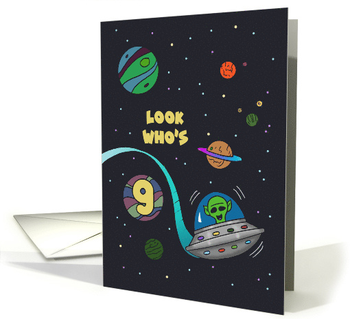 9th Birthday Card With Cute UFO Space Scene Out Of This World card