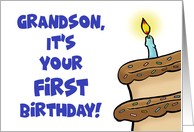 Grandson’s First Birthday With Cartoon Cake It’s Your First Birthday! card