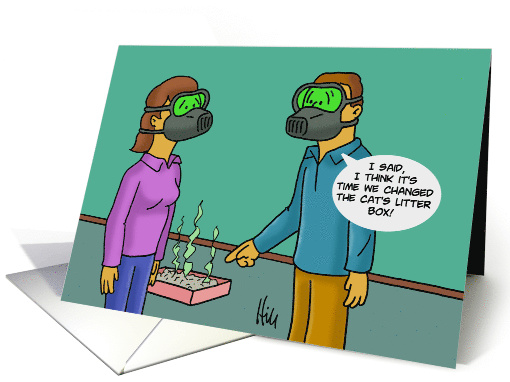 Cat Day Card With Cat Owners Wearing Gas Masks Empty The Box card