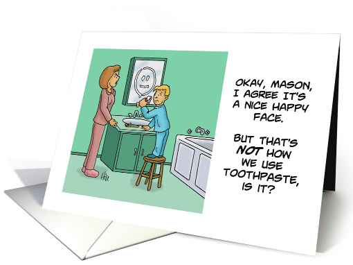 Blank Note Card With Cartoon About Son Using Toothpaste To Draw card