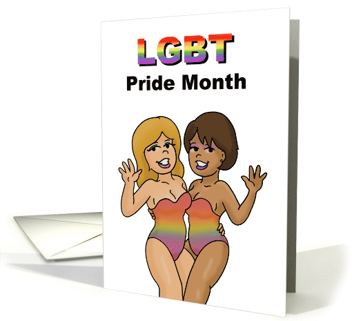 LGBT Pride Month With Cartoon Lesbians In Rainbow Swimsuits card