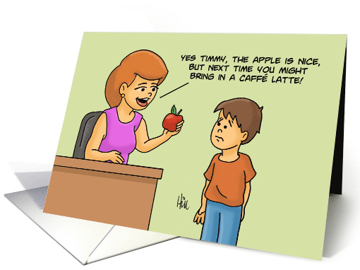 Humorous Thank You Card For Teacher Boy Giving Teacher Apple card