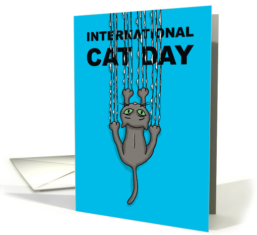 International Cat Day Card With Cat Tearing The Front Of The card