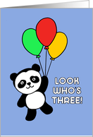 Kids Three Year Old Birthday Card With Panda Lifted Up With Balloons card