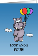 Kids Four Year Old Birthday Card With Hippo Lifted Up With Balloons card