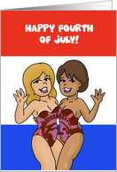 4th Of July Card With Lesbian Couple Wearing Statue Of Liberty Suits card