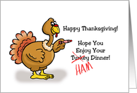 Humorous Thanksgiving Card With Cartoon Turkey Writing HAM card