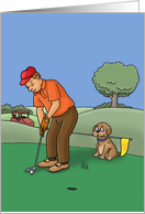 Humorous Blank Card With Golfer And Dog Caddy Holding The Flag card