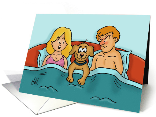 Humorous Anniversary Card With Dog In Bed Between Couple card