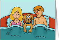 Humorous Anniversary Card With Dog In Bed Between Couple card