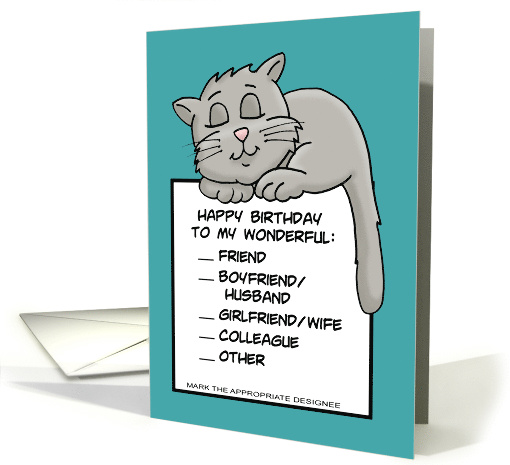 Humorous Birthday With Cartoon Cat And Check List Of Recipient card
