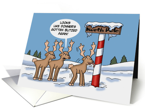 Christmas Card With Cartoon Reindeer's Tongue Stuck On Pole card