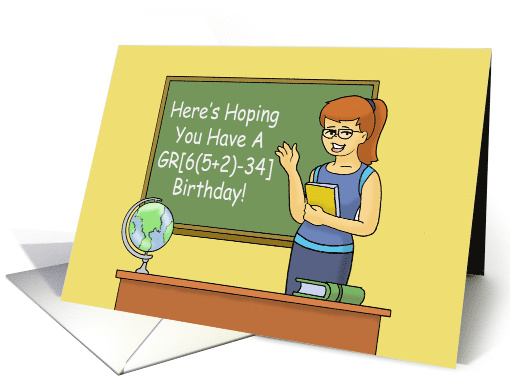 Math Teacher Birthday With Cartoon Teacher And A Math Problem card