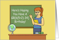 Math Teacher Birthday With Cartoon Teacher And A Math Problem card