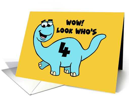 Humorous Boys 4th Birthday With Blue Cartoon Dinosaur Who's Four card