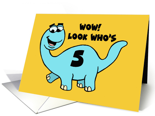 Humorous Boys 5th Birthday With Blue Cartoon Dinosaur Who's Five card